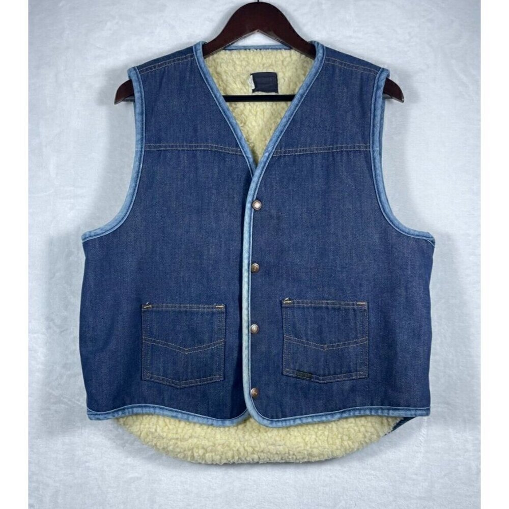 Vintage SEARS Roebucks Sherpa Denim Vest Size Large Jean Western MADE IN USA